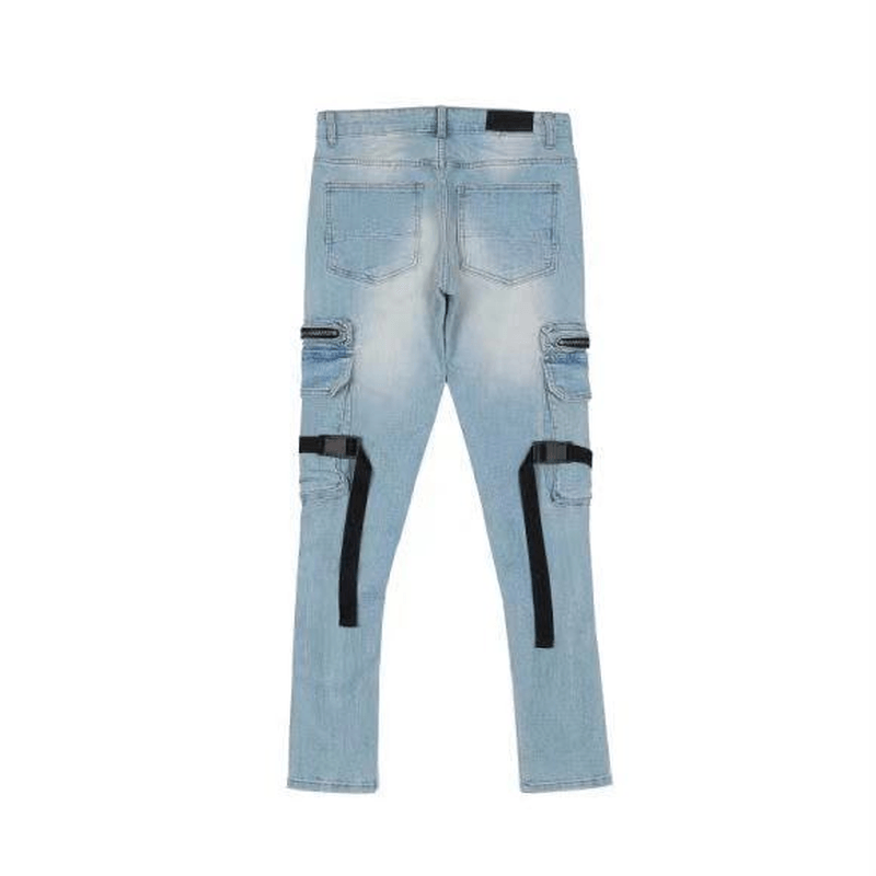 Destroyed Zipper Straps Washed Distressed Jeans