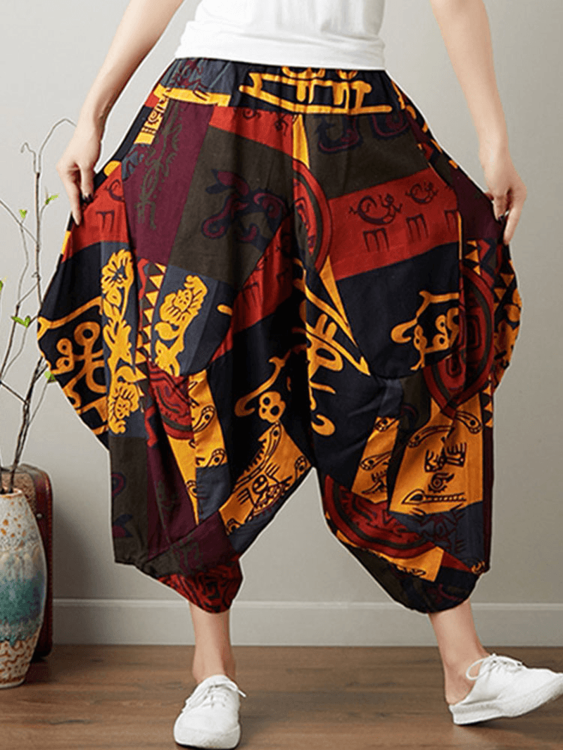 Ethnic Print Pocket Asymmetrical Elastic Waist Loose Casual Cropped Pants