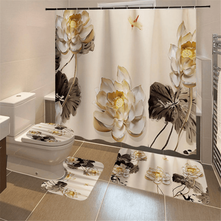 Printing Plum Blossom Shower Curtain Set Waterproof Odorless Anti-Slip Bath Mat Set