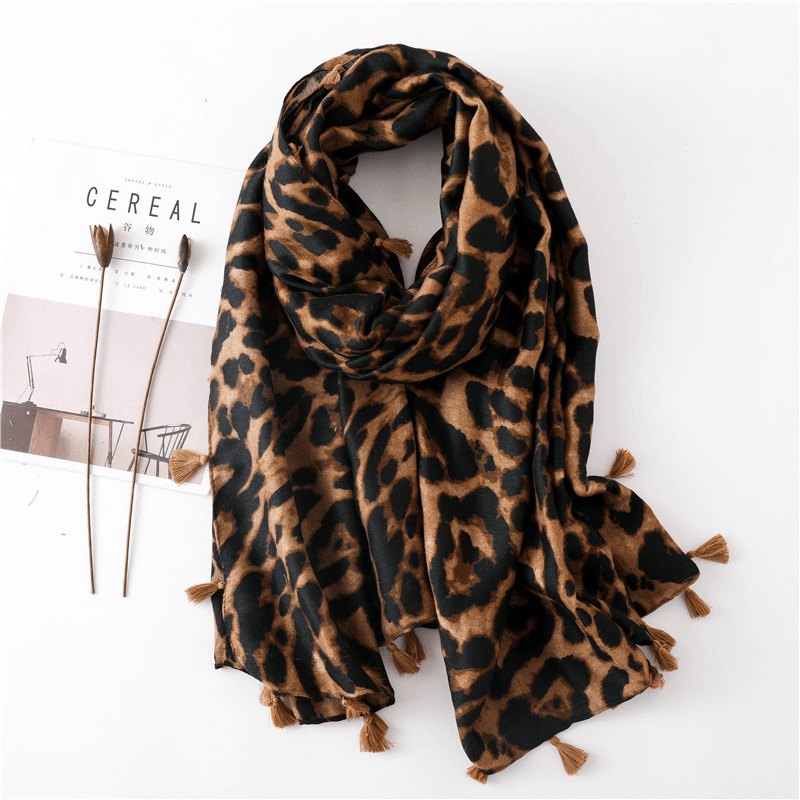 Leopard Print Cotton and Linen Silk Scarf Dual-Use Shawl