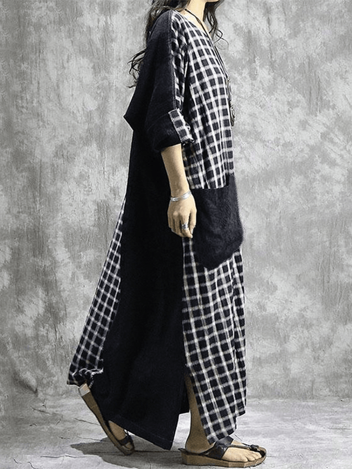 Plaid Patchwork round Neck Long Sleeve Casual Maxi Dress