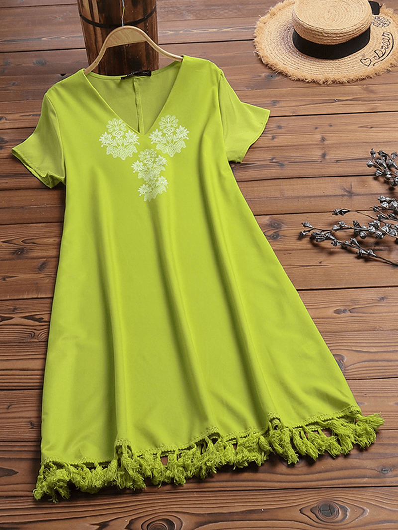 Women Short Sleeve Tassel Patchwork Casual Dress - MRSLM