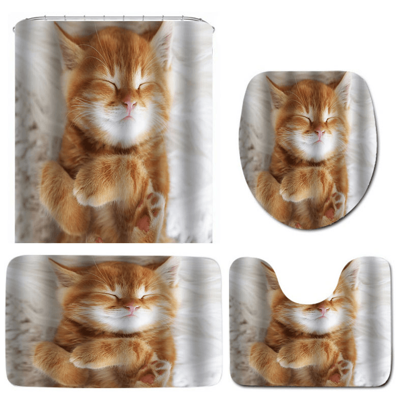 Cat Printing Waterproof Bathroom Shower Curtain Toilet Cover Mat Set - MRSLM