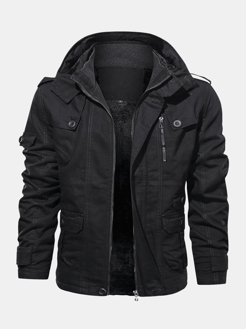 Mens Cotton Zipper through Pocket Thick Hooded Jackets