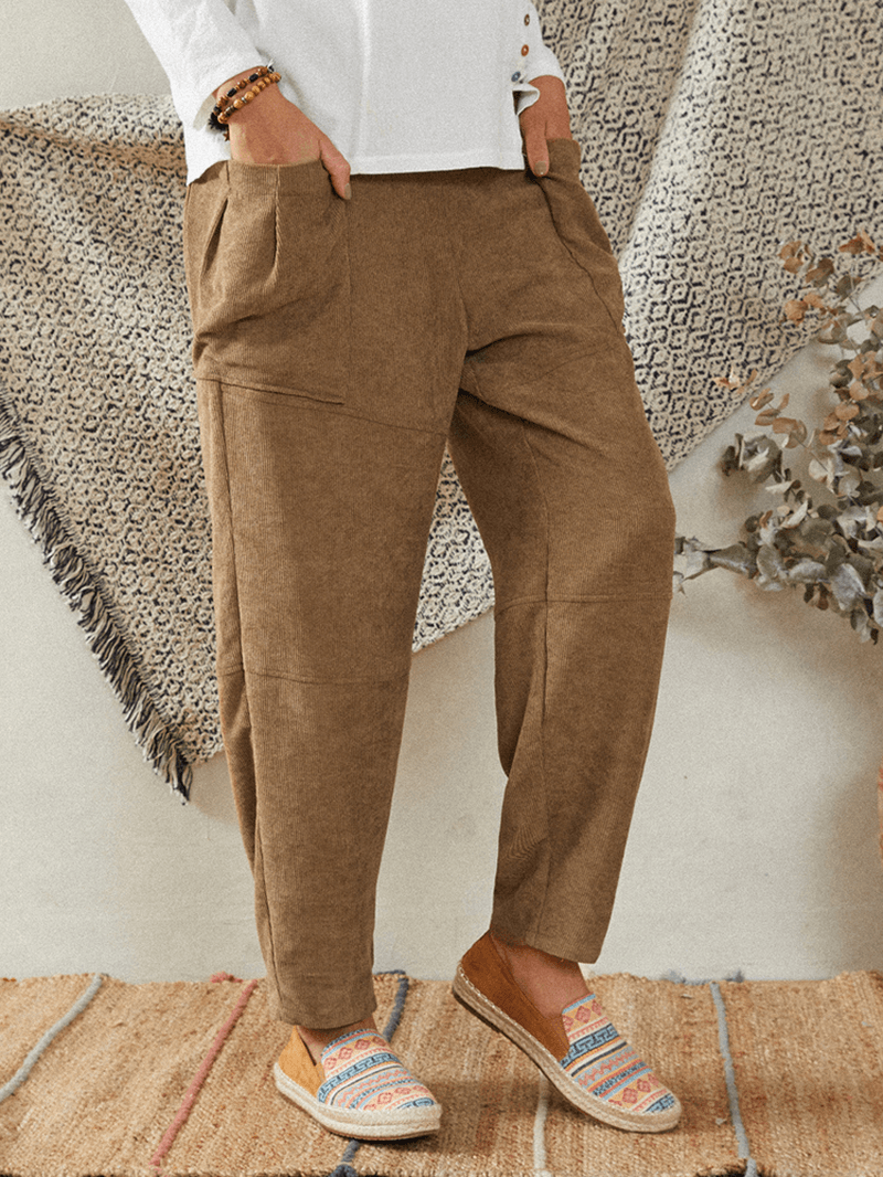 Women Khaki Corduroy Side Pockets Ankle Length Pants