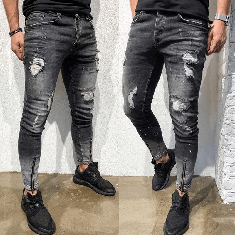 European and American New Fashion Ripped Youth Jeans with Zipper - Elastic Feet