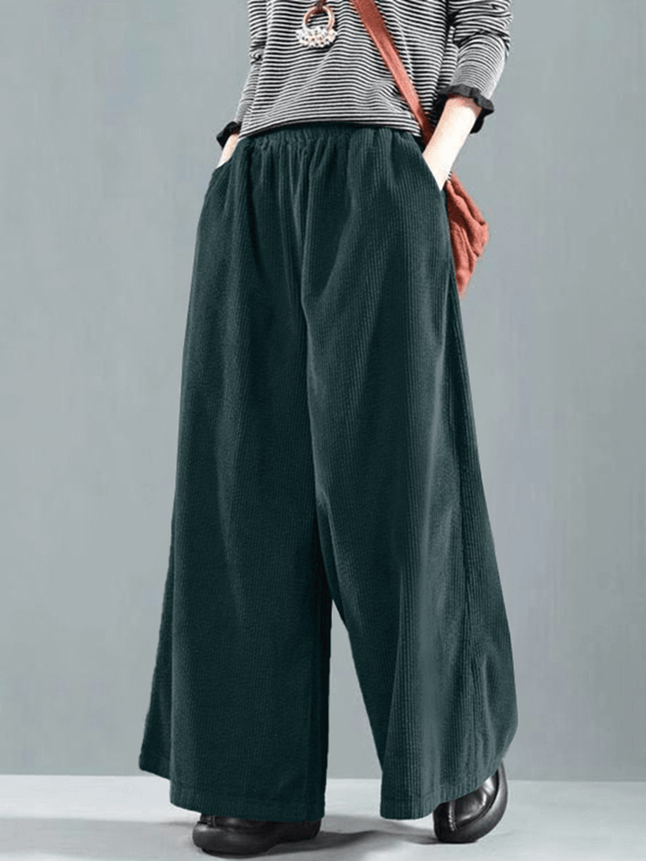 Women Wide Leg Corduroy Casual Solid Elastic Waist Loose Pants with Side Pocket