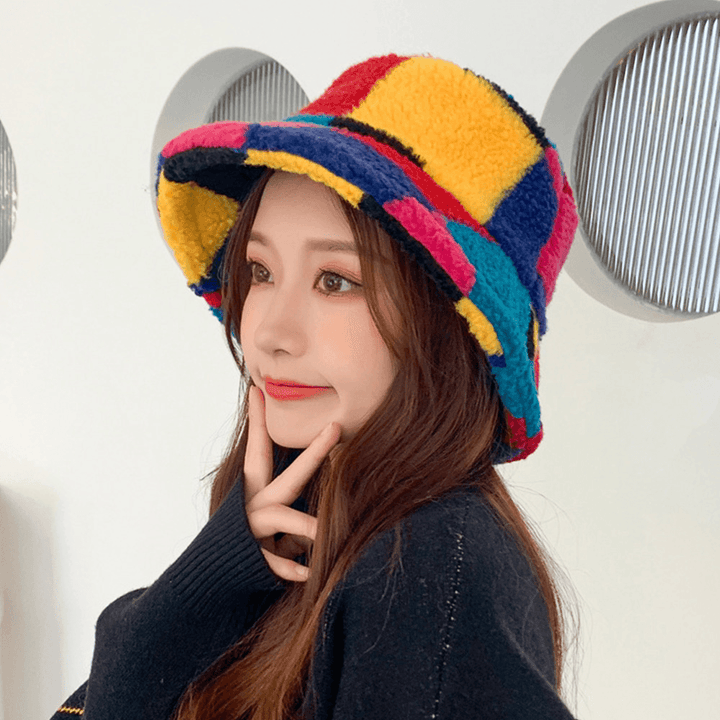 Women Lamb Fur Color Stitching Lattice Bucket Hat Winter Thicken Warm Windproof Fluffy Fisherman Caps