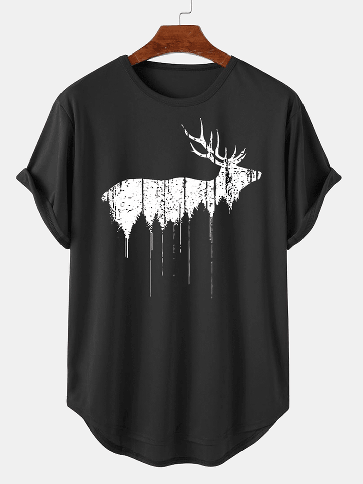 Christmas Mens Design Elk Print Curved Hem Short Sleeve T-Shirts