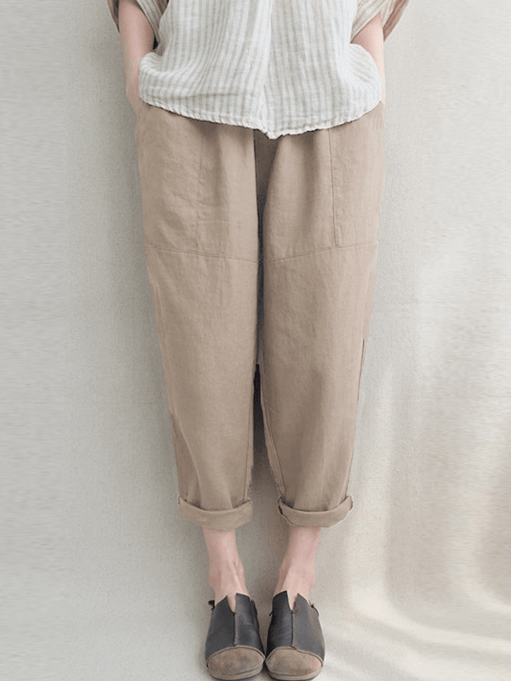 Women Vintage High Elastic Waist Solid Loose Cotton Harem Pants - MRSLM