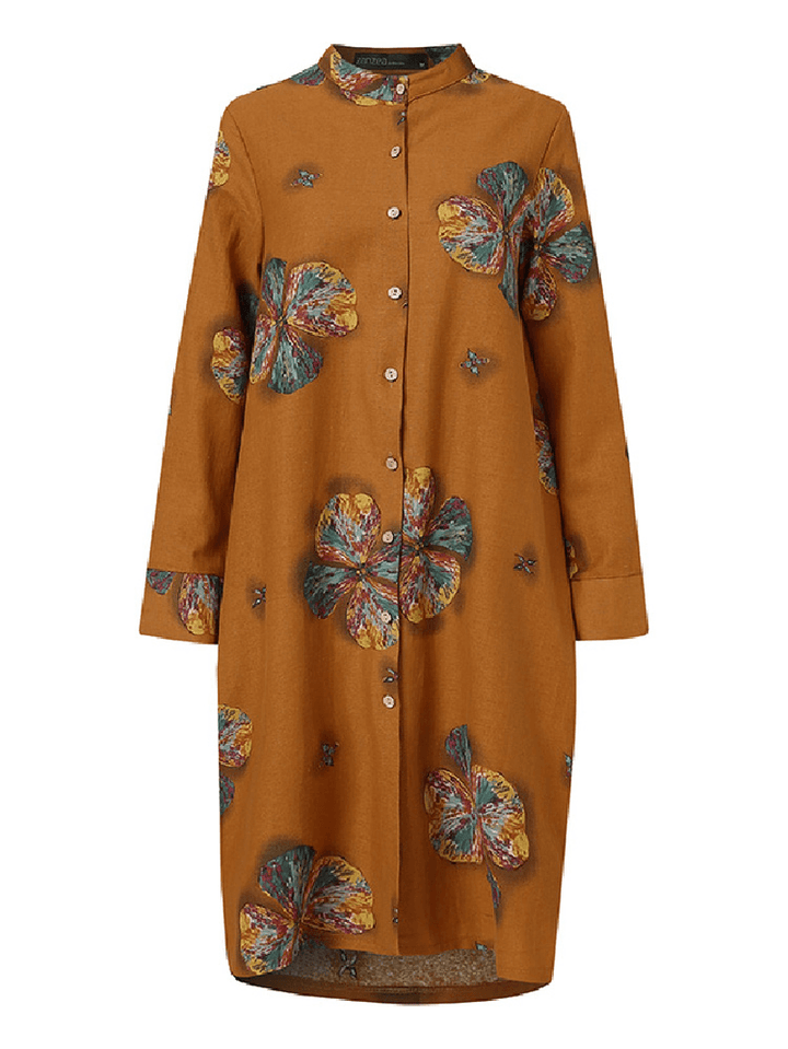 Women Cotton Flowers Print Kaftan Long Sleeve Retro Shirt Dress