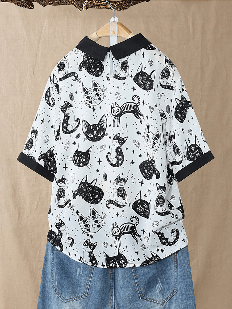 Cold Shoulder Cat Print Blouse