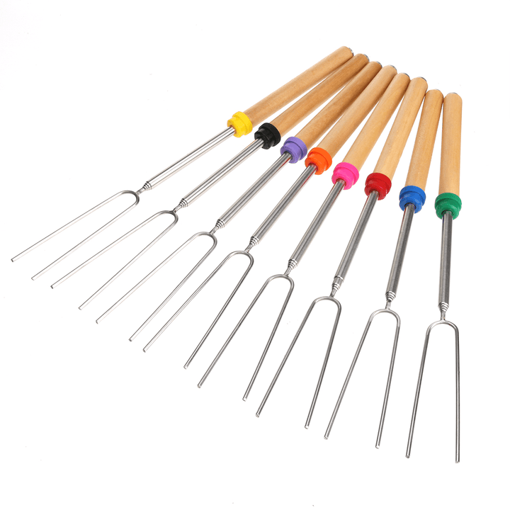 8PCS Roasting Sticks Telescoping 12"-32" Smore Sticks Skewers Set with Wooden Handle for BBQ Hot Dog Fork Fire Pit Camping Cookware