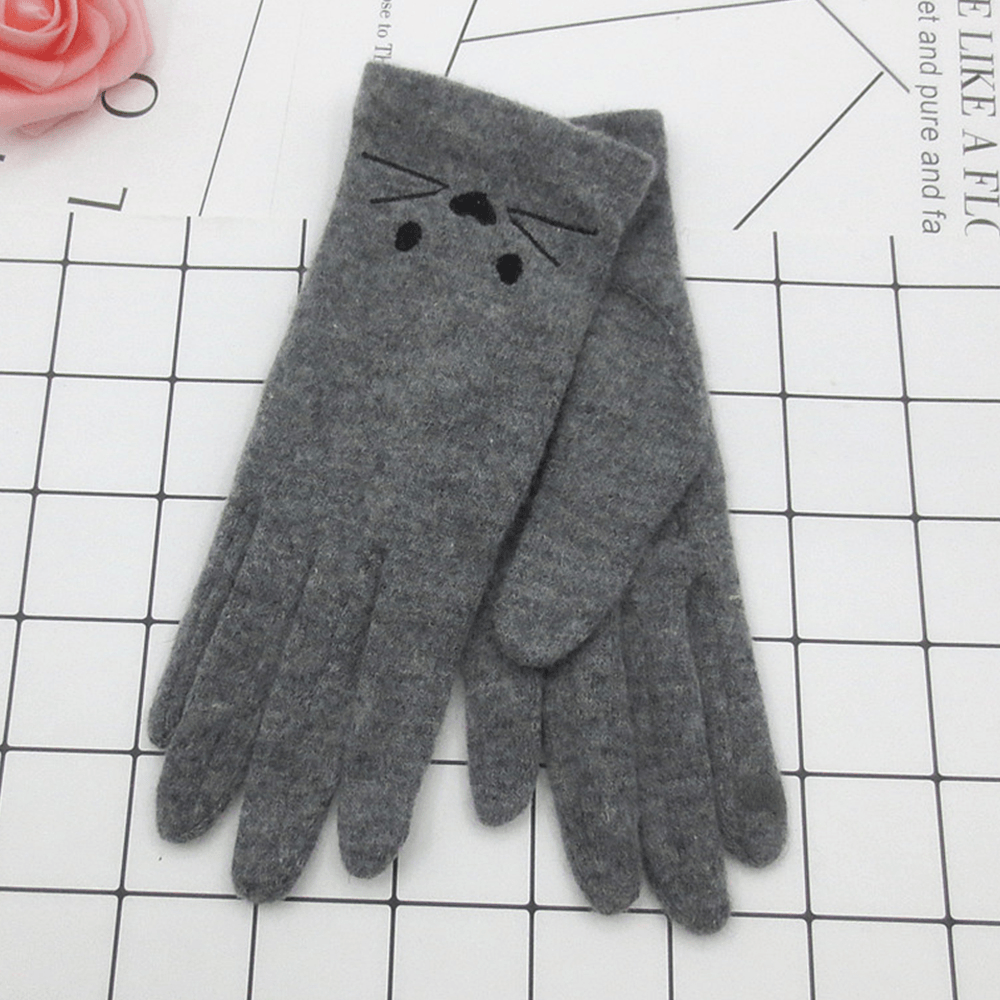 Women Wool Screen-Touchable Embroidery Cartoon Cat Pattern Keep Warm Fashion Casual Gloves