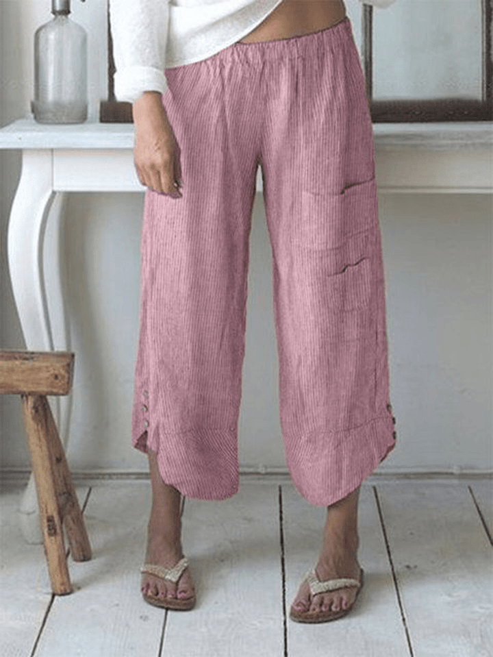 Stripe Elastic Waist Button Pocket Casual Pants