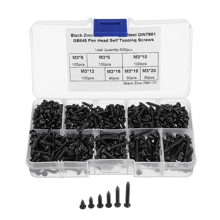 Suleve‚Ñ¢ M3CP1 500Pcs M3 Phillips Screw Black Zinc-Plated Carbon Steel Pan Head Self Tapping Woodworking Screws Assortment Kit