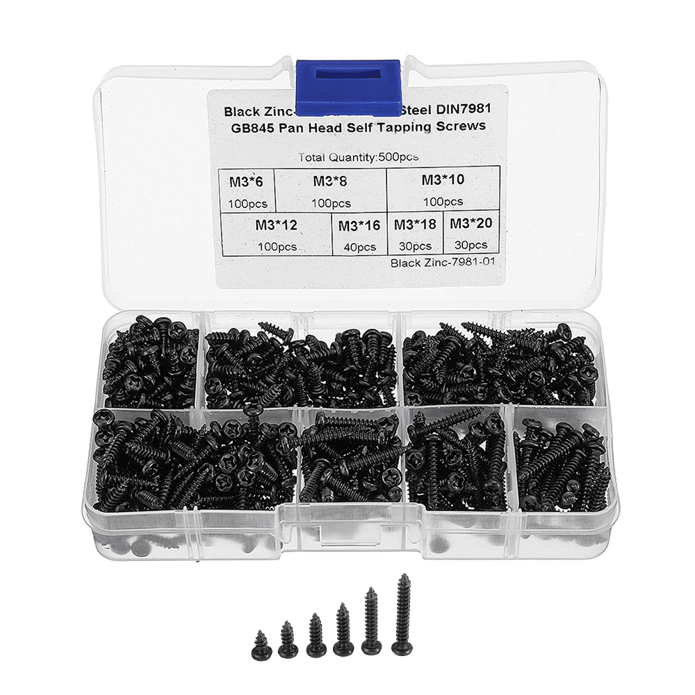 Suleve™ M3CP1 500Pcs M3 Phillips Screw Black Zinc-Plated Carbon Steel Pan Head Self Tapping Woodworking Screws Assortment Kit