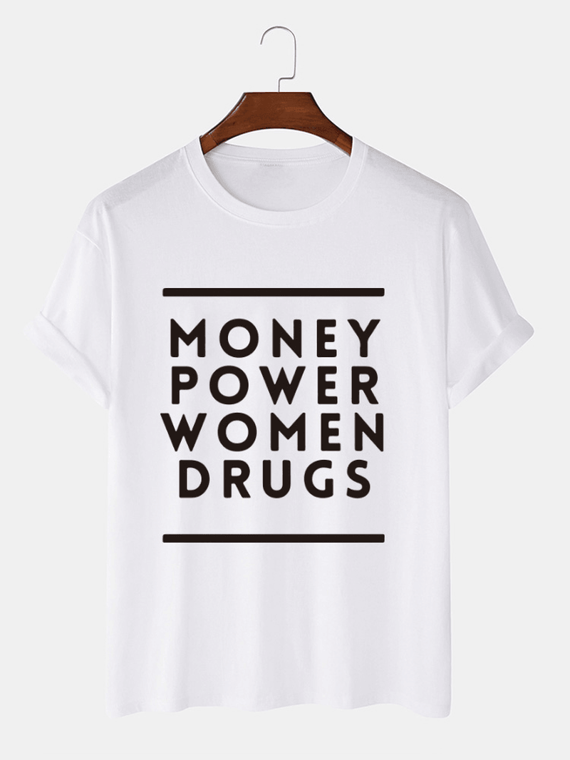 Mens Money Power Letter Print Cotton O-Neck Casual Loose Short Sleeve T-Shirt