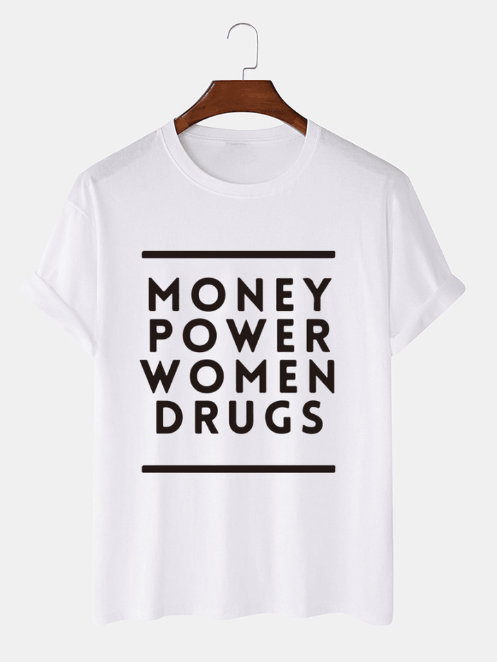 Mens Money Power Letter Print Cotton O-Neck Casual Loose Short Sleeve T-Shirt