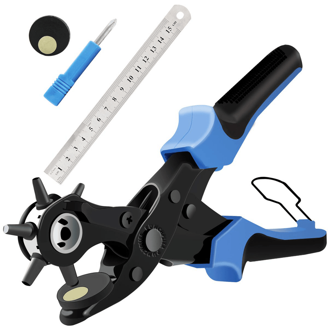 KA1 Heavy Duty Revolving Leather Belt Hole Punch Plier Tool with 2 Extra Punch Plates and Ruler Leather Craft Tool