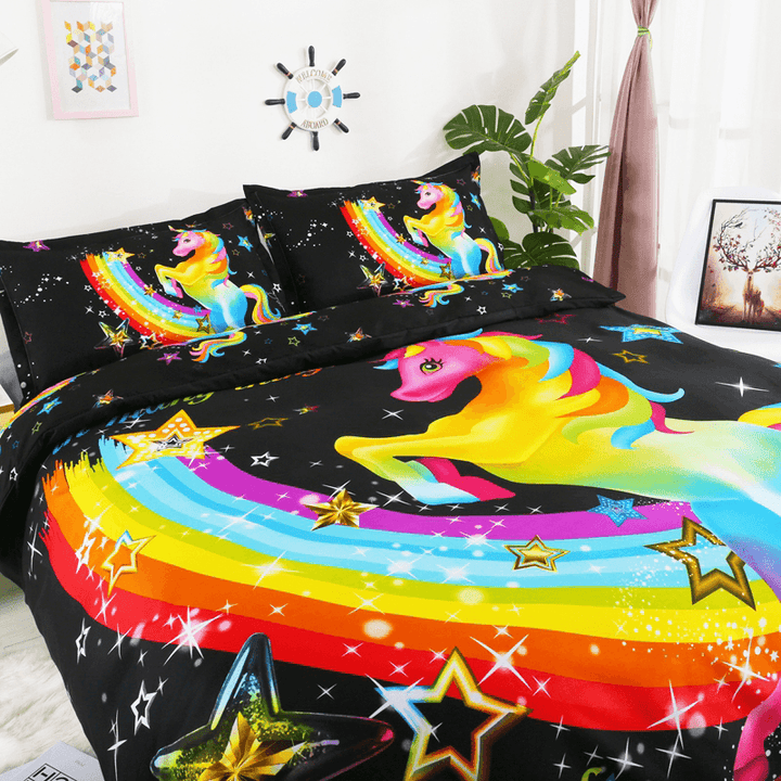 3 PCS Bedding Sets 3D Animal Unicorn Printing Quilt Cover Pillowcase for Queen Size