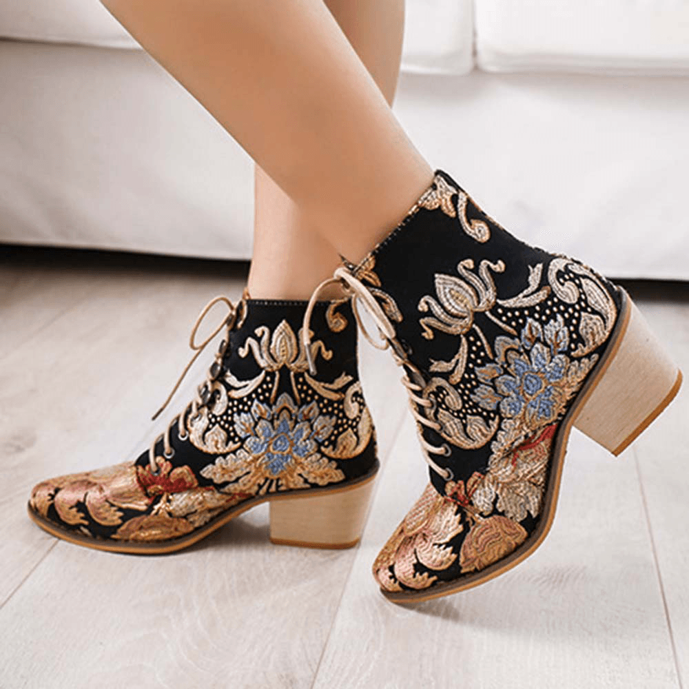 Women Pointed Toe Embroideried Lace up Block Boots - MRSLM