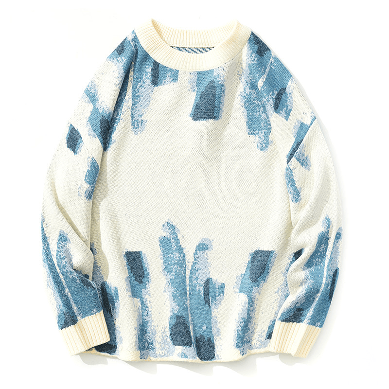 Blue Graffiti Watercolor Jacquard Casual Knit Loose Sweater