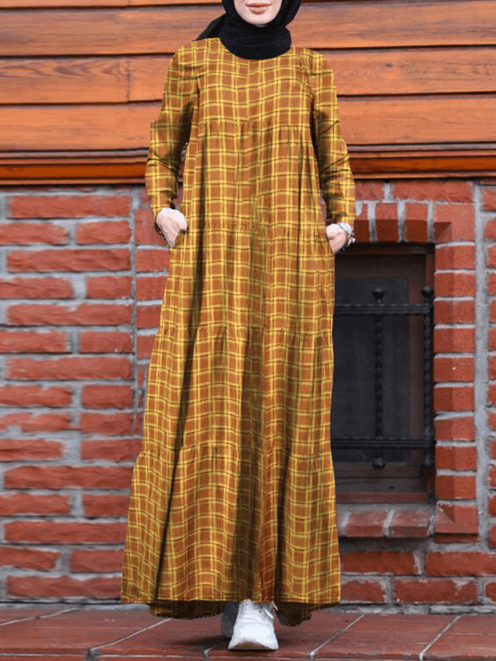 Women Vintage Plaid round Neck Kaftan Casual Long Sleeve Maxi Dresses with Pocket