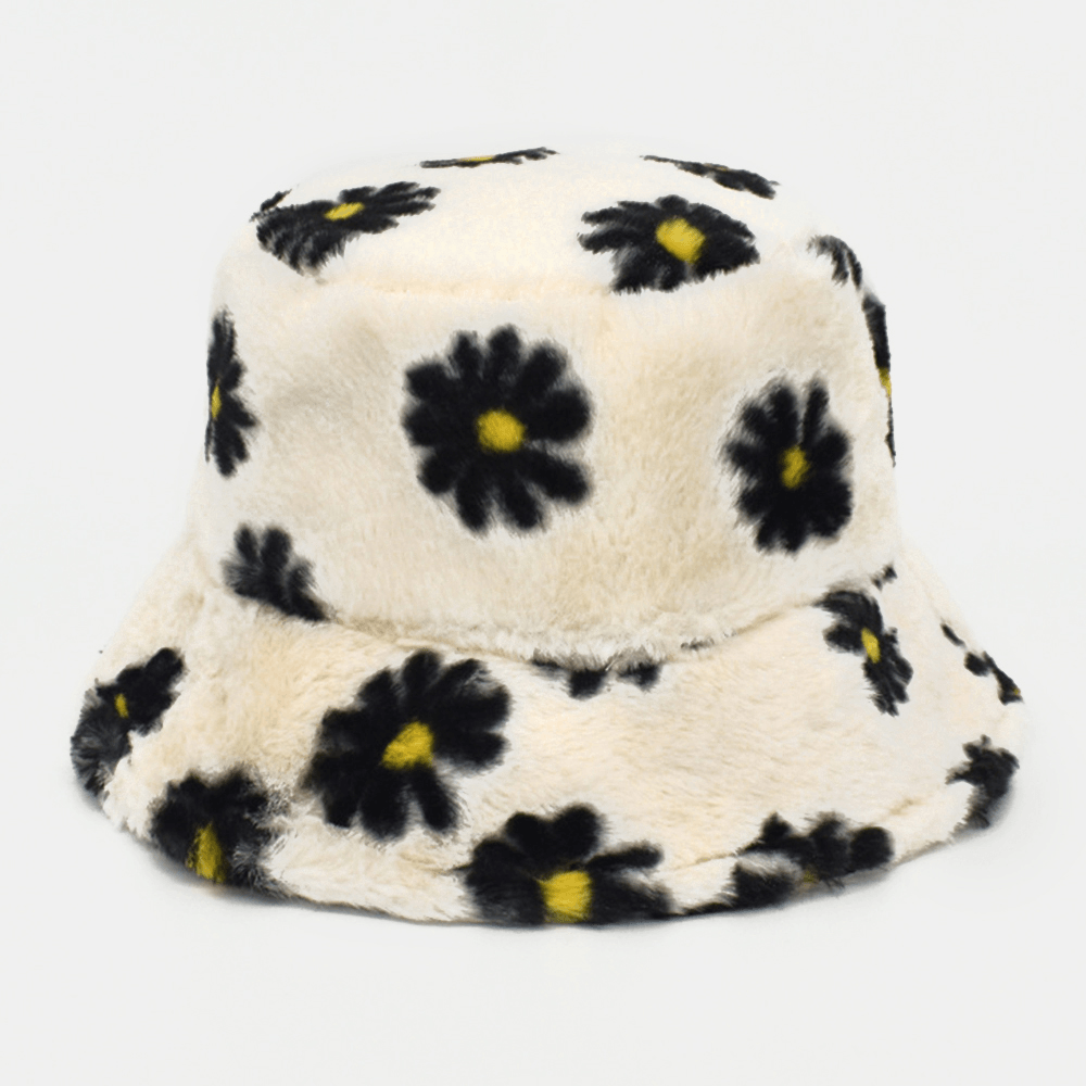 Women Lamb Hair Soft Warm plus Thicken Casual All-Match Cute Daisy Flower Pattern Bucket Hat