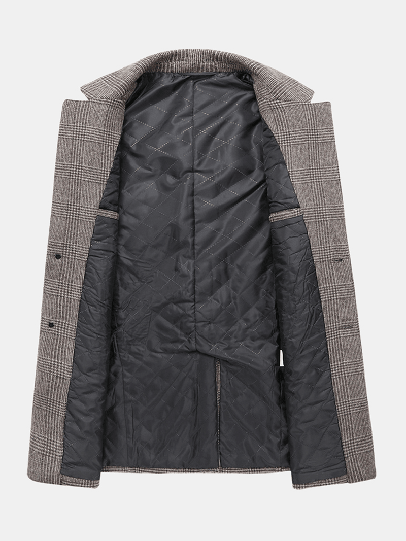 Mens Houndstooth Woolen Single-Breasted Lapel Mid-Length Overcoat