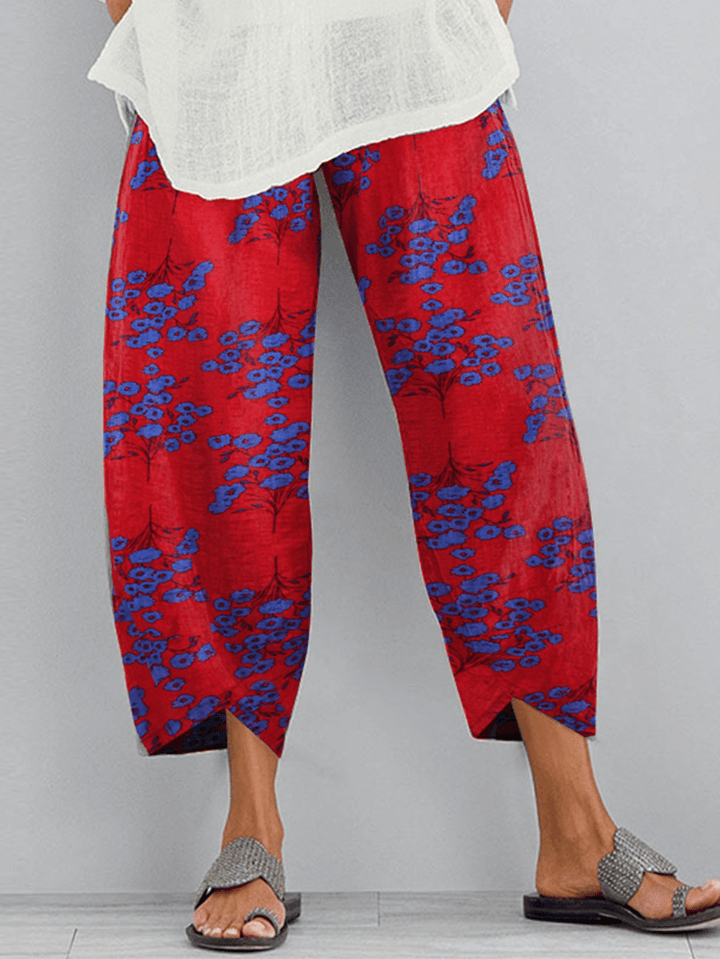 Women's Floral Print Casual Pants with Elastic Waist and Side Pockets