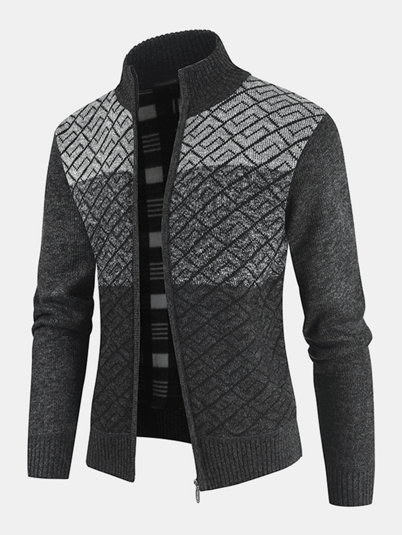 Mens Knitting Graphics Zipper Colorblock Warm Long Sleeve Sweater Jacket