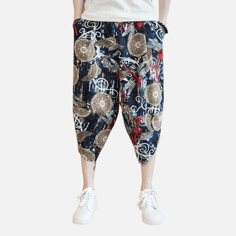 Mens Summer Chinese Style Linen Printing Calf Pants