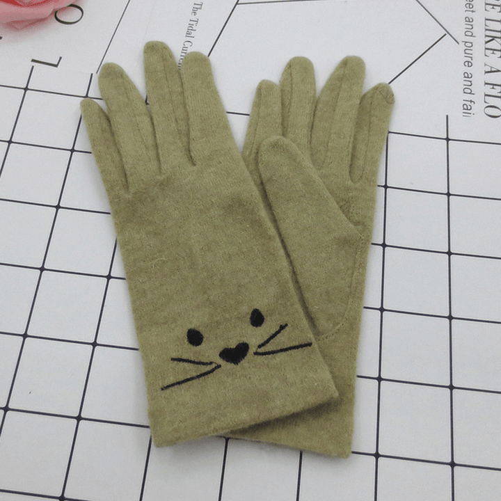 Women Wool Screen-Touchable Embroidery Cartoon Cat Pattern Keep Warm Fashion Casual Gloves