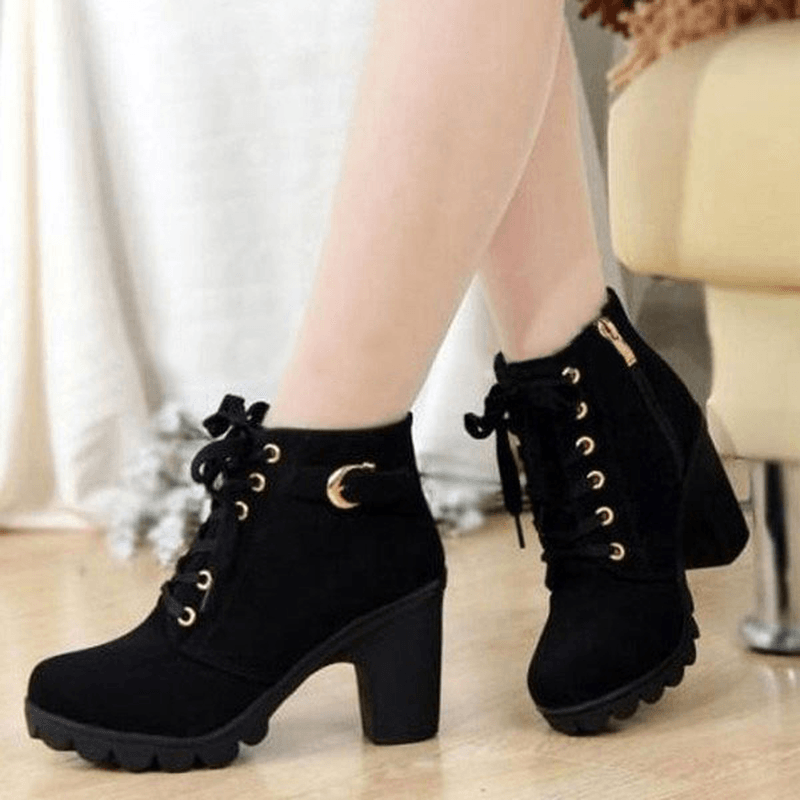 Women Girl High Top Heel Ankle Boots Winter Pumps Lace up Buckle Suede Shoes