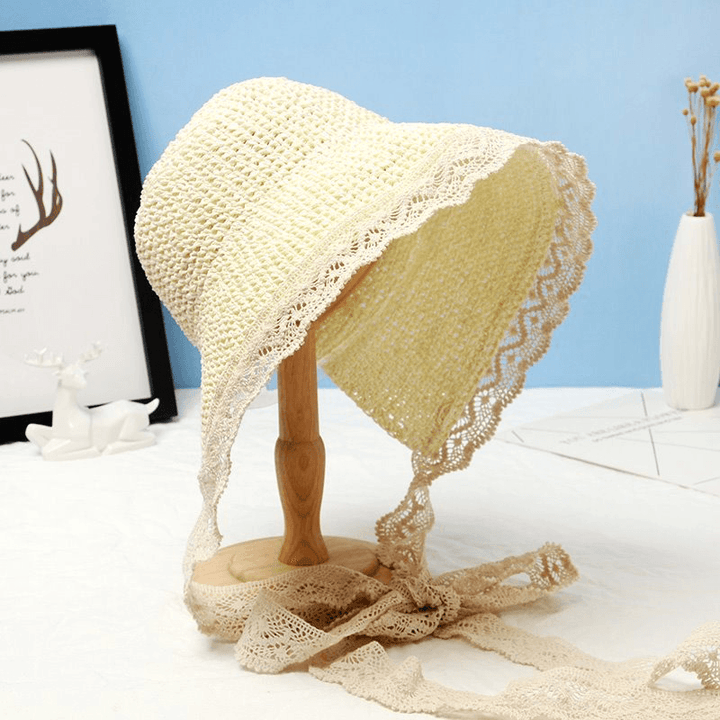 Women Lace Brim Foldable Sunscreen Bucket Straw Hat - MRSLM