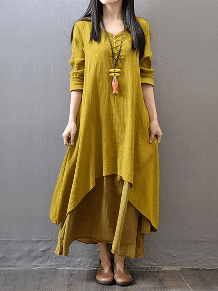 Women Long Sleeve Double Layers Button Asymmetric Vintage Maxi Dress - MRSLM