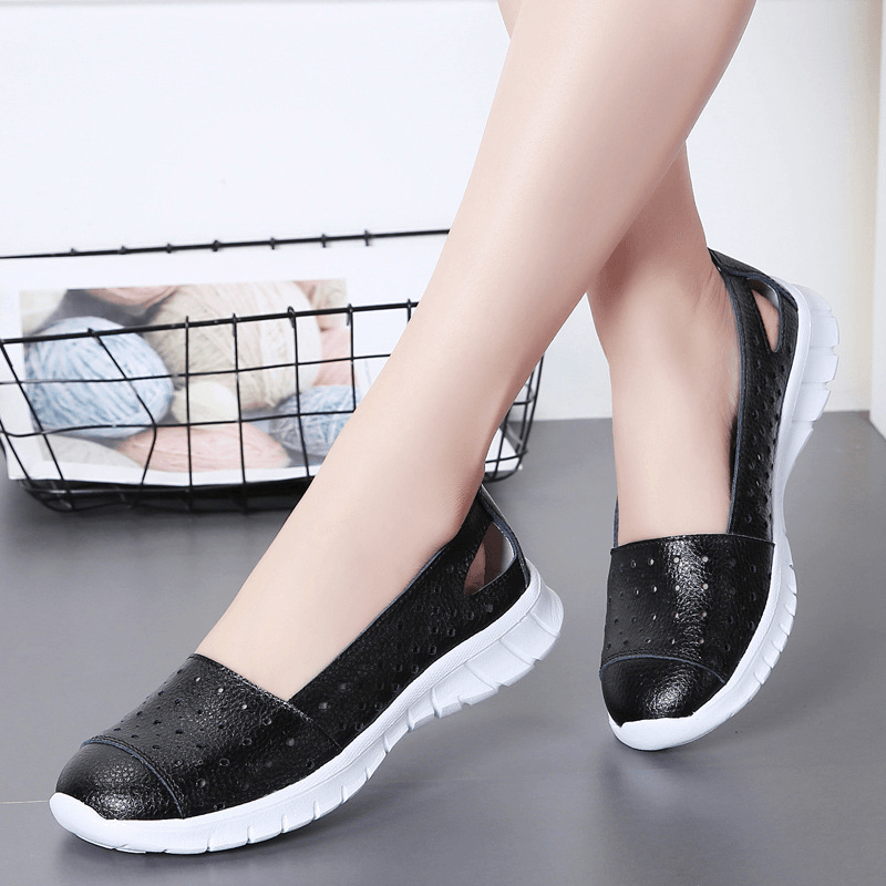 Women Leather Hollow Comfy Breathable Soft Casual Flats