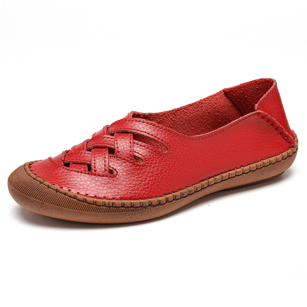 Women Genuine Leather Breathable plus Size Hollow Spring Casual Flats Loafers - MRSLM