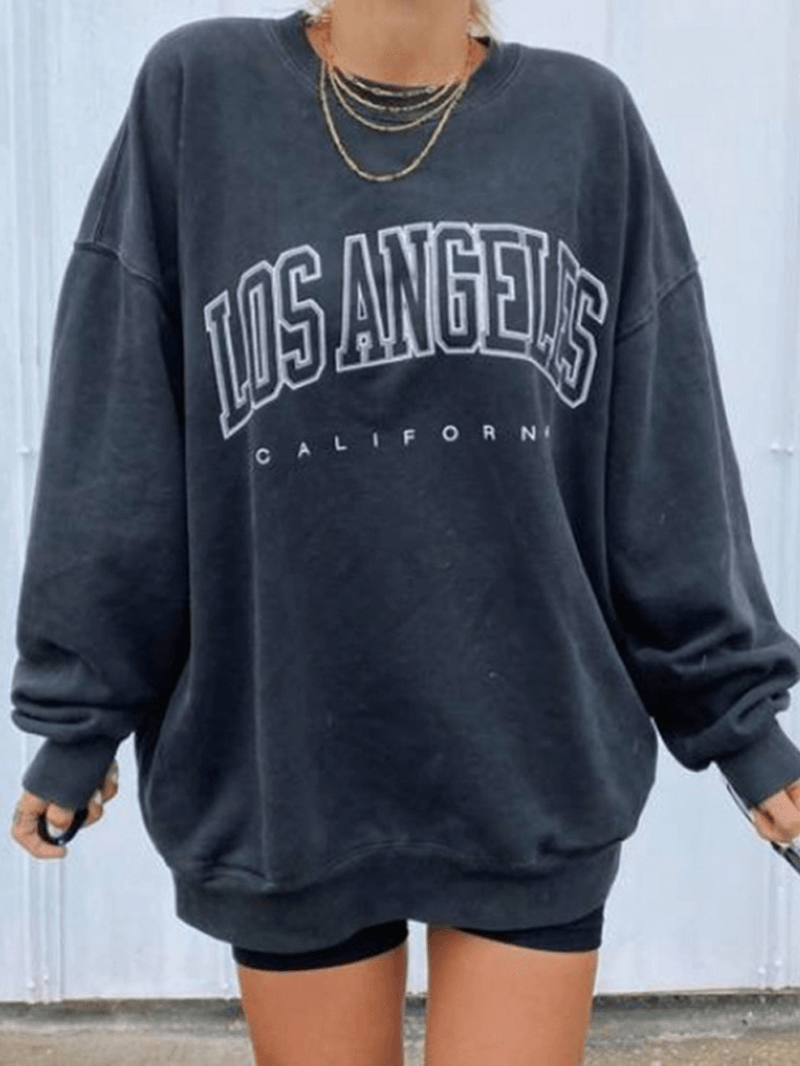 Women Letter Print Drop Shoulder Pullover Simple Navy Sweatshirt