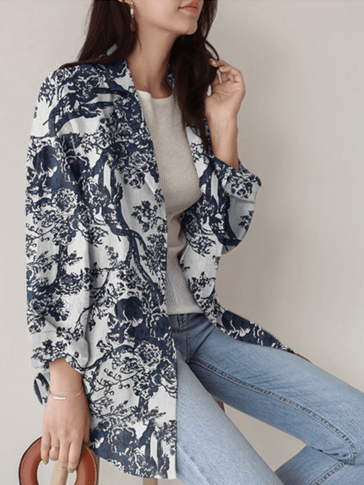 Women Loose Lapel Full Sleeve Floral Casual Side Pockets Coat