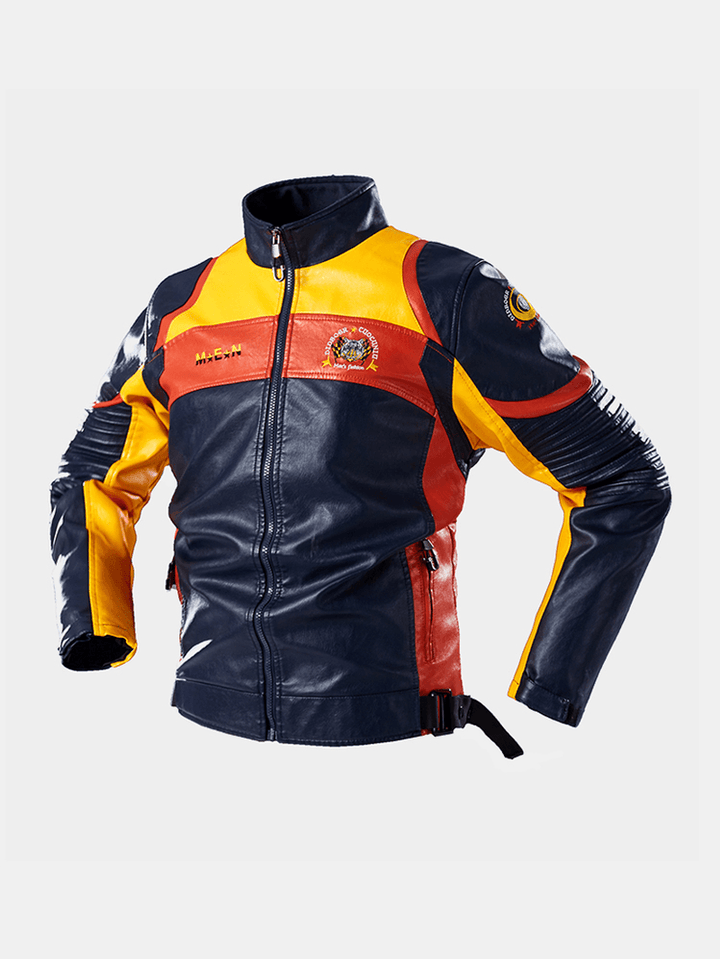 Mens Embroidery Patchwork PU Leather Motorcycle Long Sleeve Jacket