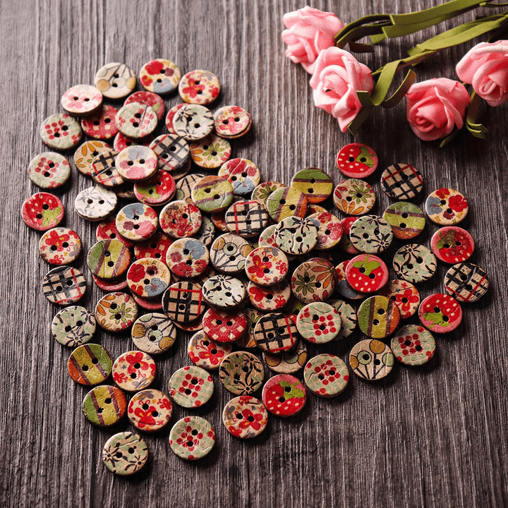 100 PCS round Pattern Wooden Button Mixed 2 Hole Natural Sewing Children Handmade Clothes Buttons