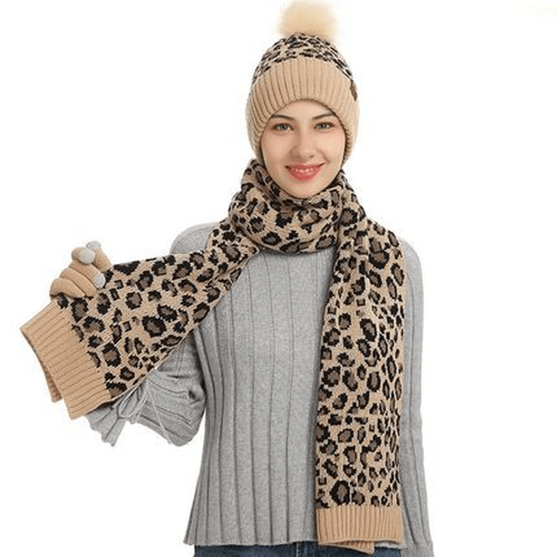 Winter Leopard Print Warm Knitted Wool Hat Scarf Gloves Three Piece Set