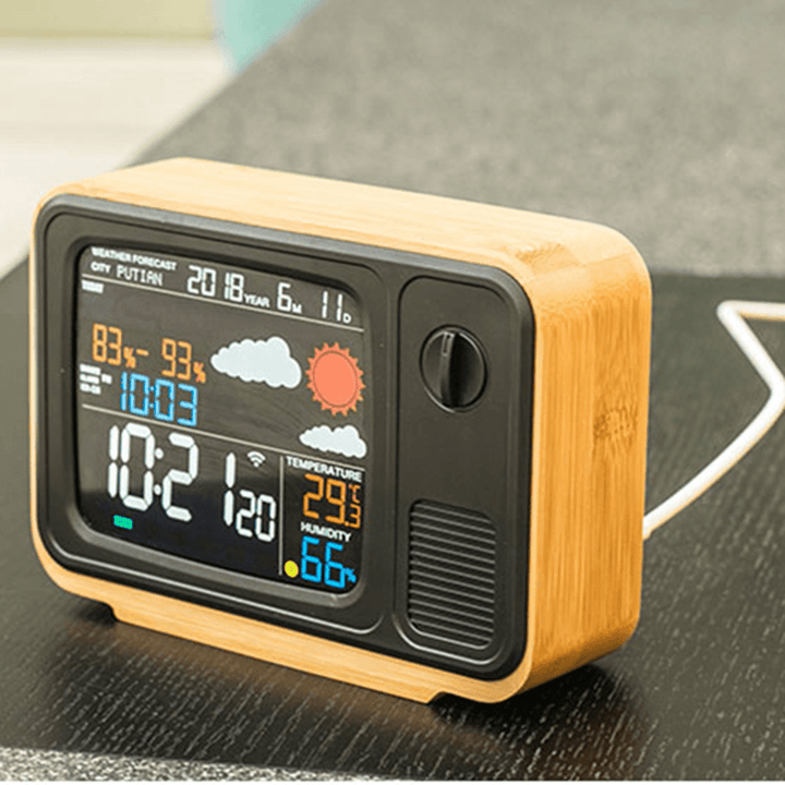 Digital USB Wifi Weather Forecast Station Desk Bamboo Alarm Clock Temperature Humidity APP Control