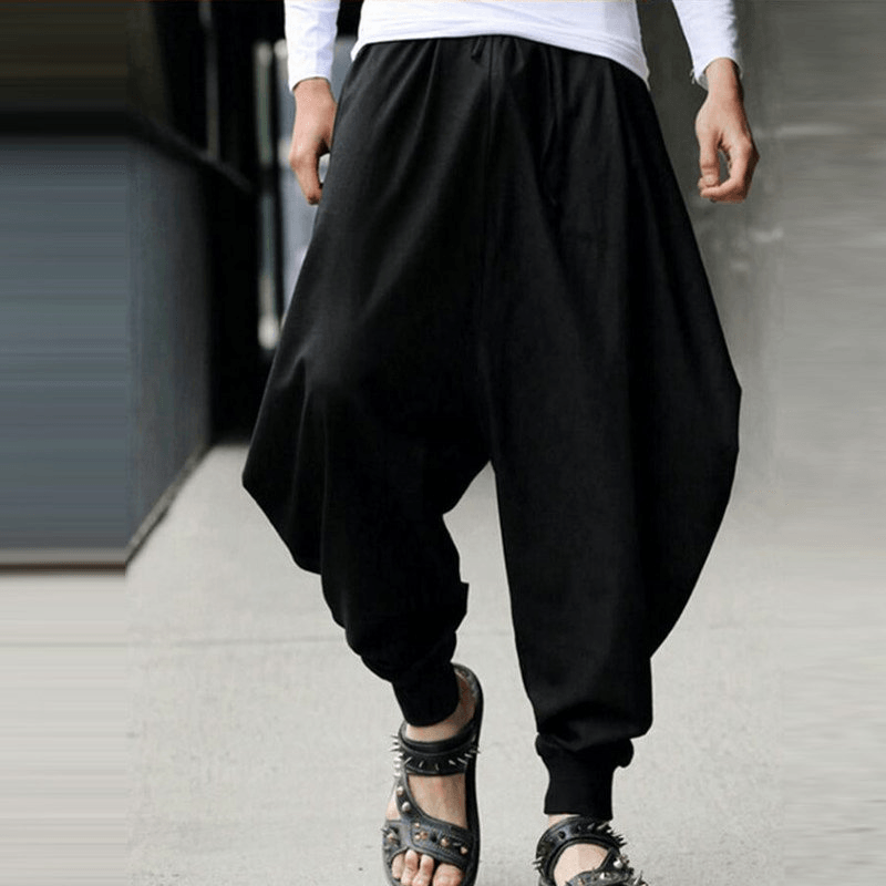 Mens Casual Cotton Linen Solid Color Baggy Loose Harem Pants