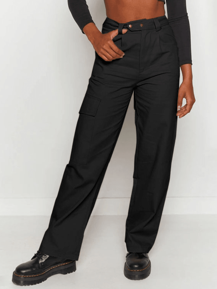 Women Solid Color Mid Waist Casual Straight Cargo Pants with Pockets