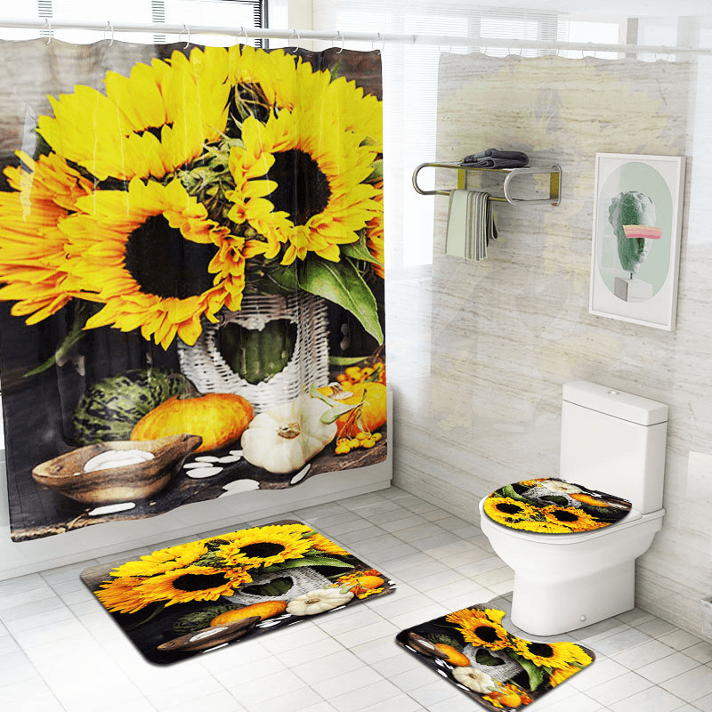 4PCS Non Slip Sunflower Pattern Toilet Polyester Cover Mat Set Waterproof Bathroom Shower Curtains