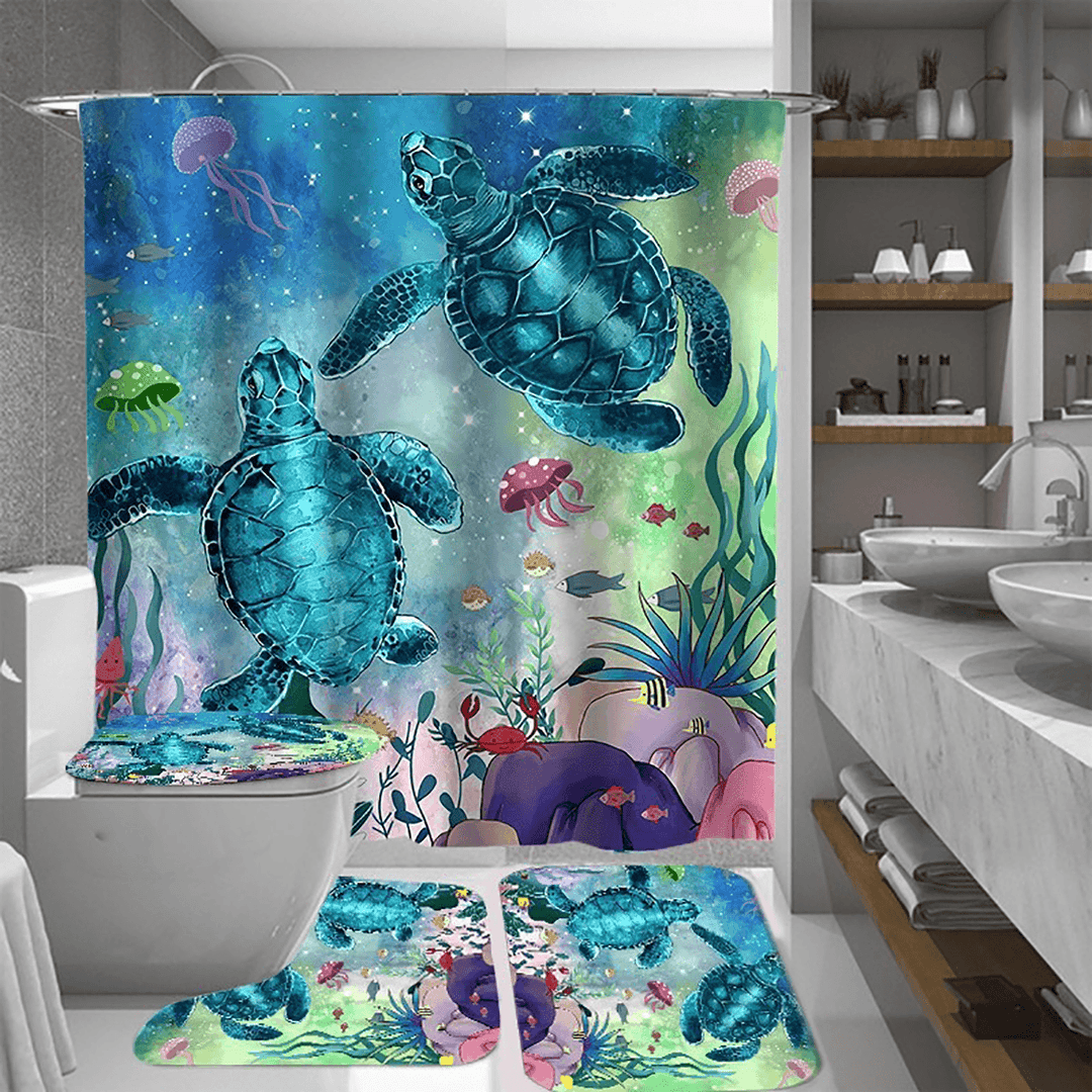 Blue Sea Turtle Shower Curtain 12 Hooks Bathroom Mat Toilet Cover Rug Decor