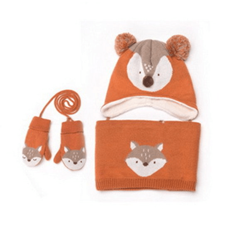 Autumn Winter Children plus Velvet Hat Scarf Set Baby Lovely Cartoon Fox Print Knitted Hat Kids Cap Collar Boy Girl Neck Warmer - MRSLM